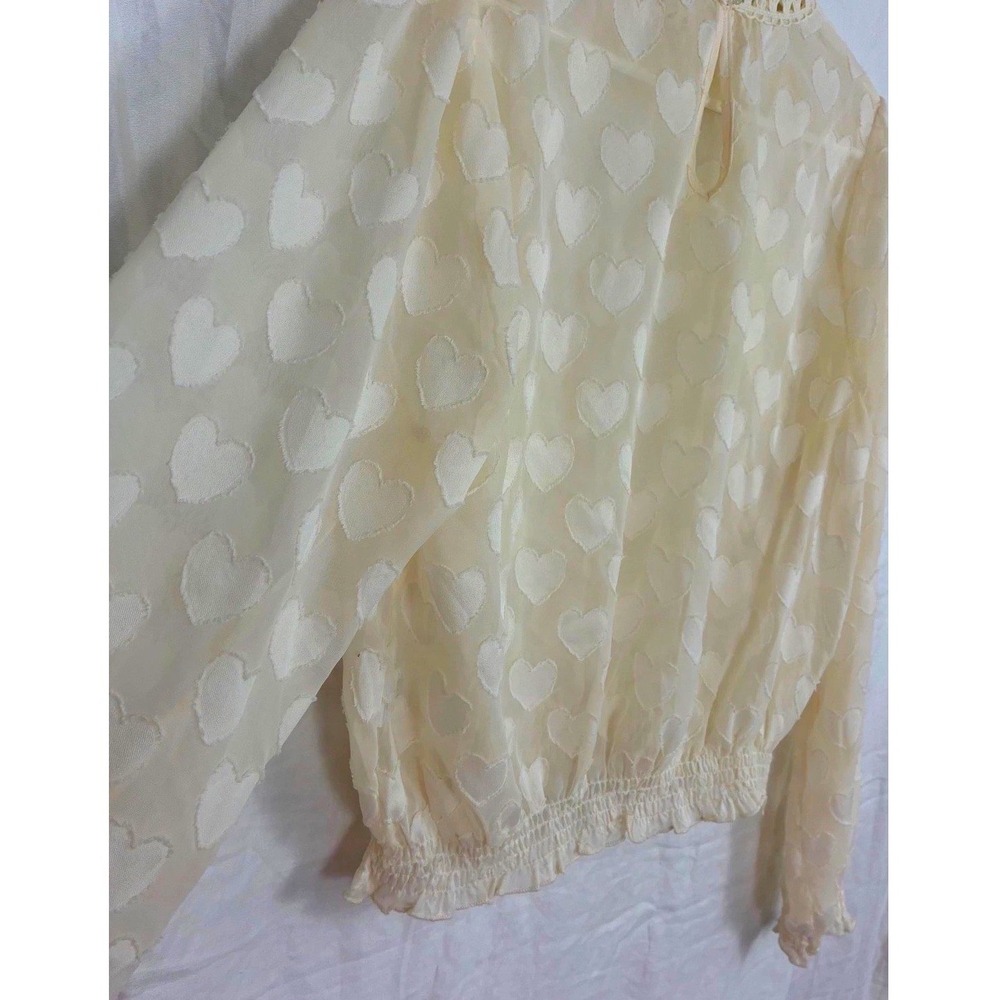 Heart Sheer Blouse Women XL Cream Romantic Twee Top Feminine Balloon Sleeve - Picture 8 of 9